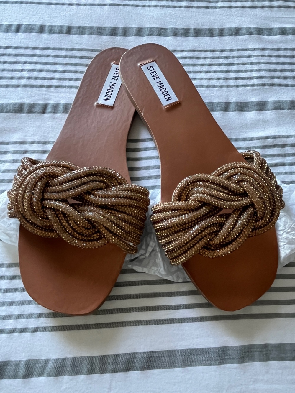 Steve Madden Metallic Bronze Beaded Knot Slide Sandals